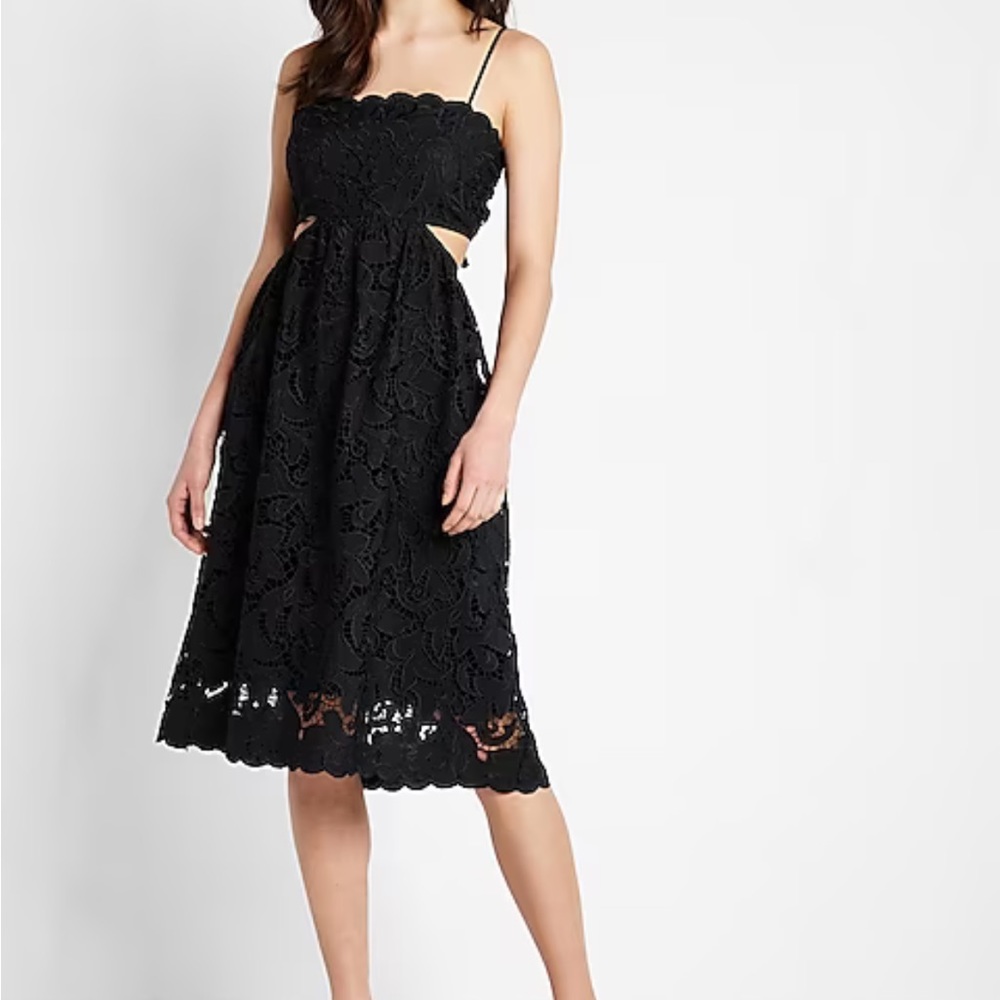 BLACK Lace Tie Back Side Cutout Midi Dress BLACK